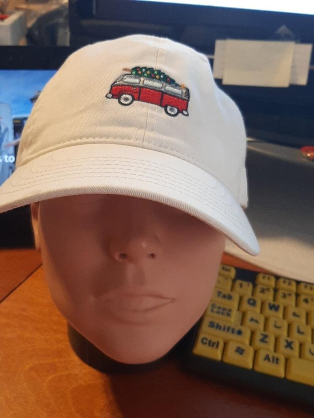NEW TAG ! Mighty Fine Van&Truck Dad Hat Ivory Embroided Red Van W Christmas Tree